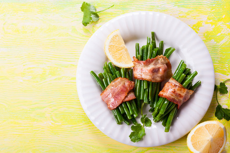 Green bean bundles with baconの写真素材