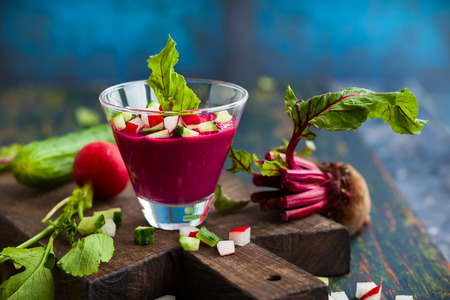 Beetroot gazpacho soup with cucumber and radish in  glass. Soft focusの写真素材