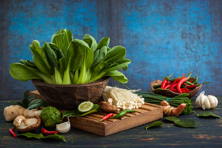 Asian assortment of fresh vegetablesmushrooms spices and herbsの写真素材