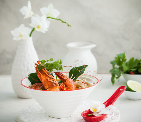 Tom Yum soup- Traditional Thai spicy soup with shrimpの写真素材