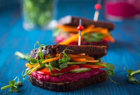 gluten free vegan sandwiches with beet hummus, raw vegetables and sproutsの写真素材