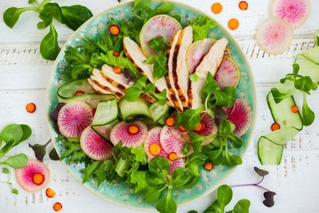 Grilled chicken salad  with cucumber and watermelon radishの写真素材
