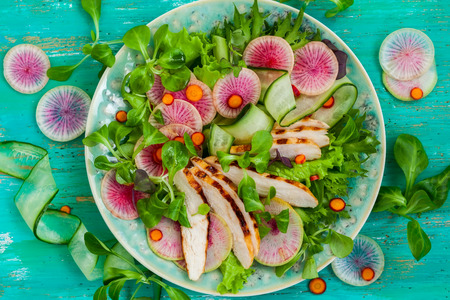 Grilled chicken salad  with cucumber and watermelon radishの写真素材