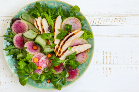 Grilled chicken salad  with cucumber and watermelon radishの写真素材