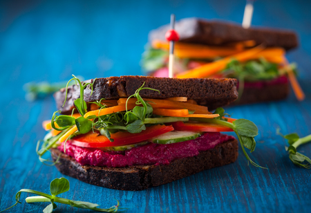 gluten free vegan sandwiches with beet hummus, raw vegetables and sproutsの写真素材