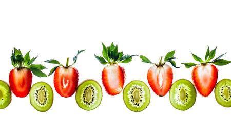 Fresh berry and fruit on white background. Transparent patternの写真素材