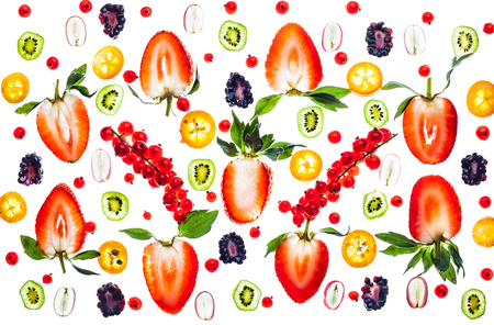 Fresh berry and fruit on white background. Transparent patternの写真素材