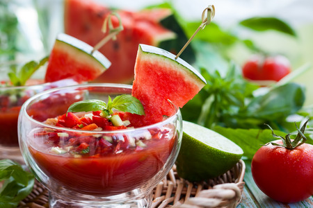 Watermelon tomato gazpacho in  glass bowlsの写真素材