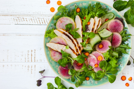 Grilled chicken salad  with cucumber and watermelon radishの写真素材