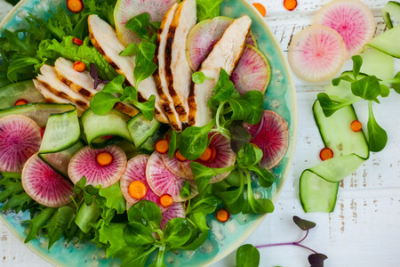 Grilled chicken salad  with cucumber and watermelon radishの写真素材