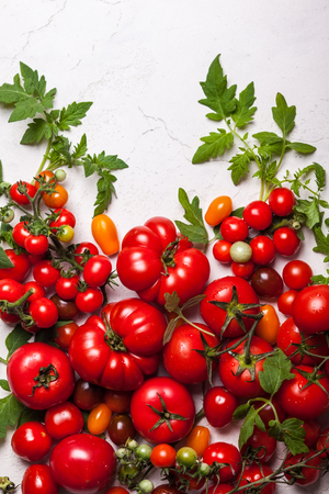 Various fresh tomatoes with green leaves. Top viewの写真素材