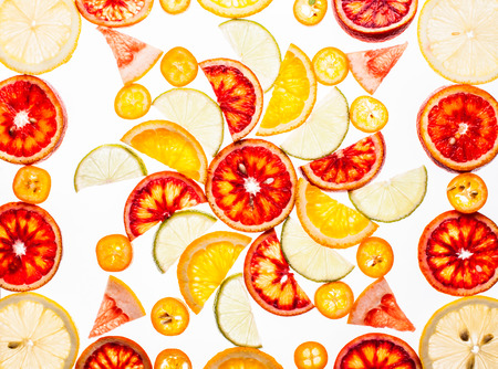 Background of various citrus fruits  on the whiteの写真素材