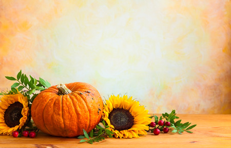 Autumn concept with flowers and pumpkinの写真素材