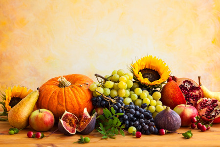 Autumn concept with flowers,pumpkin and seasonal fruitsの写真素材