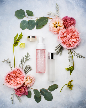 Set of skin care product and flowersの写真素材
