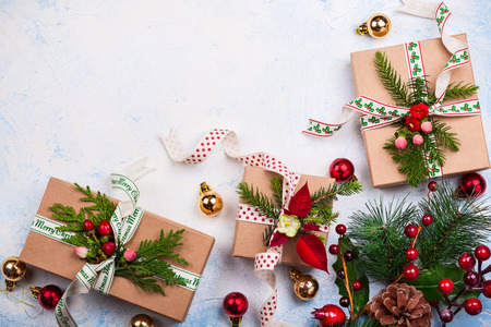 Christmas background with gift boxes and  decorations. Top viewの写真素材