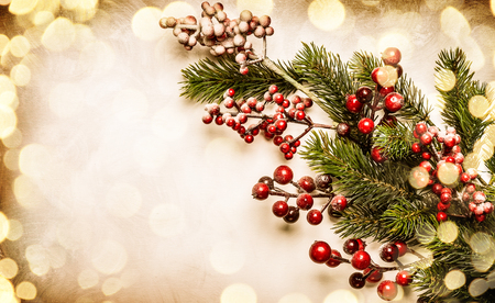 Christmas  decoration background: fir branches and holly berries on light background, in vintage styleの写真素材