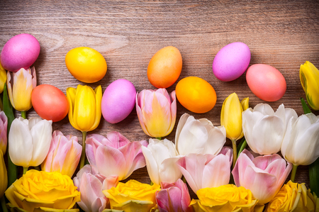 Colorful tulips and eggs for Easter Festive.の写真素材