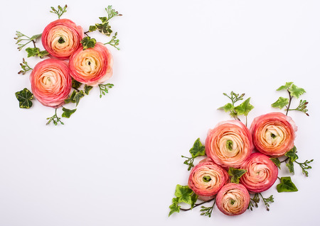 Festive flower composition made of fresh buttercups on the white background. Overhead view.