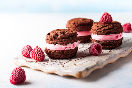 Homemade ice cream cookies sandwiches with raspberry and chocolateの写真素材