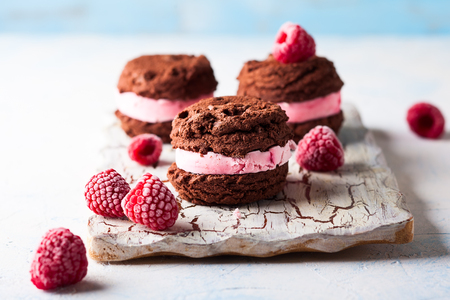 Homemade ice cream cookies sandwiches with raspberry and chocolateの写真素材