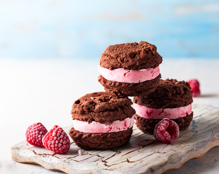 Homemade ice cream cookies sandwiches with raspberry and chocolateの写真素材