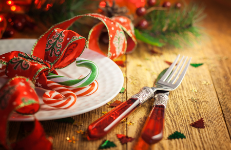 Christmas table setting with candy canesの写真素材