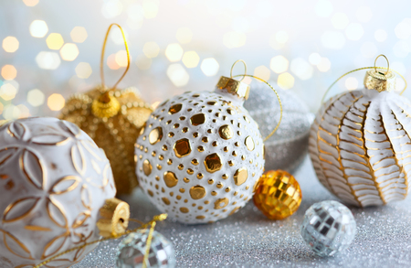 Christmas background with silver and gold vintage baublesの写真素材