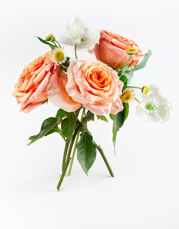 Beautiful bunch with coral roses with green leaves on white background.の写真素材