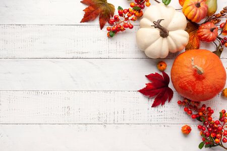 Festive autumn decor from pumpkins, berries and leaves on a white  woodenの写真素材