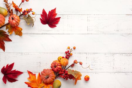 Festive autumn decor from pumpkins, berries and leaves on a white  woodenの写真素材