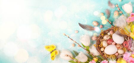 Easter composition with Easter eggs in nest, pussy willow branches and white tulips on the blue...