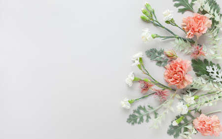 Flowers composition made of coral carnation and silver-green leaves of Senecio cineraria on pastel gray background. Nature concept, copy space, flat lay.の写真素材