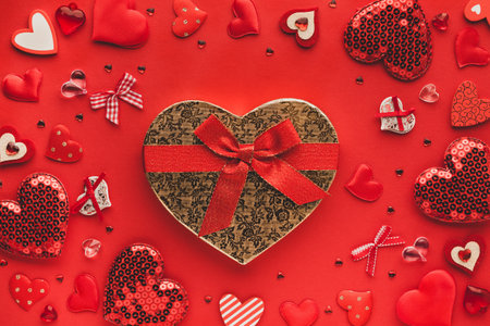 Valentine's day or Wedding romantic concept with red hearts on redの写真素材