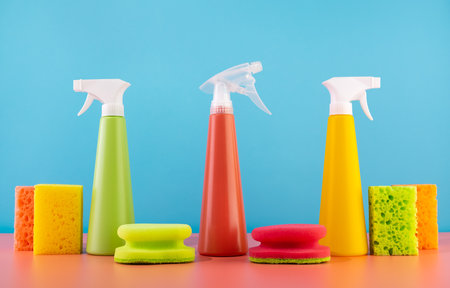 Concept of spring cleaning home. Colored supplies for cleaning on blue background.Bottles of detergent and sponges.の写真素材