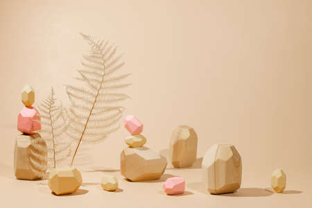 Composition of geometric balancing wooden stones and dried leaves. Concept of balance. Pastel...