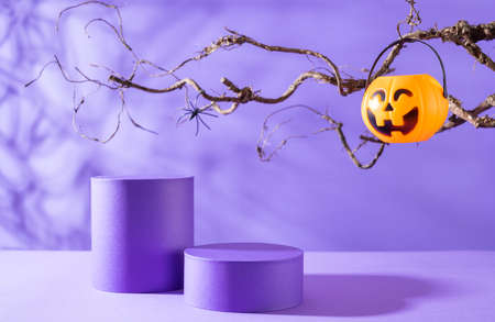 Halloween party concept. Podiums or pedestals for products display and pumpkin buckets for candies...