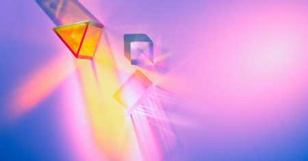 Glass prisms and cubes with color spectrum rays. Abstract background with reflection and refraction of light. Shadow and rays of natural light effects.の写真素材