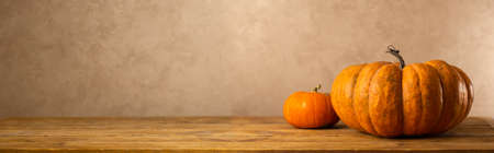 Still life of different type pumpkin on wooden table. Concept autumn harvest food.Bannerの写真素材