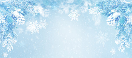 Winter blurred snowy background with silhouette of fir tree, pine cones and snowflakes. Abstract winter banner. Christmas or New Year concept.の写真素材