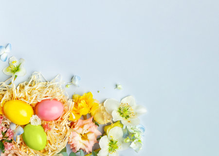 Easter composition with Spring Flowers and Easter eggs in nest on pastel blue background. Top view, copy space.の写真素材