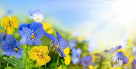 Flowering blue and yellow pansies in the garden. Summer nature landscape with fresh pansy flowers outdoor.の写真素材