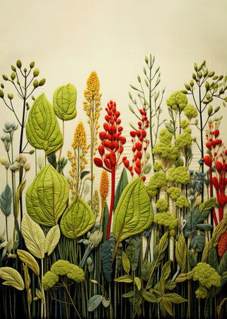 Floral Handmade craft with embroidered volumetric flowers and leaves plants.の素材