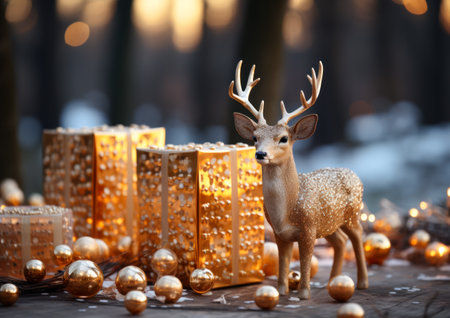 Christmas winter still life with gift box, gold figurine of deer, decorative Christmas tree, burning candles and festive decorations on light background. Christmas composition for homeの素材