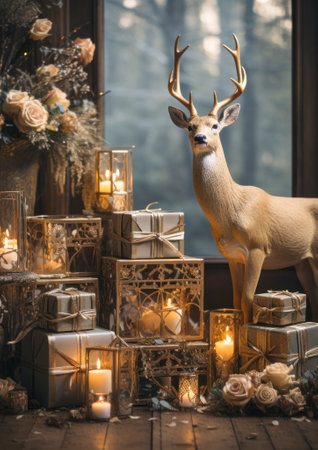 Christmas winter still life with gift box, gold figurine of deer, decorative Christmas tree, burning candles and festive decorations on light background. Christmas composition for homeの素材