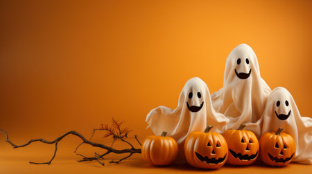 Halloween ghosts with funny pumpkin on orange background. Happy halloween holiday concept.の素材