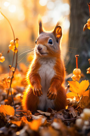 Curious Red squirrel in autumn forestの素材