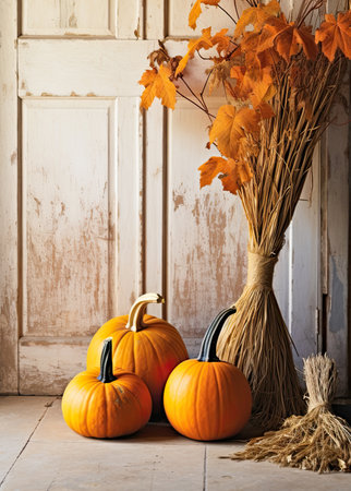 Halloween composition with pumpkins,dried tree branches, autumnal leaves and broom.の素材