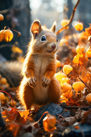 Curious Red squirrel in autumn forestの素材