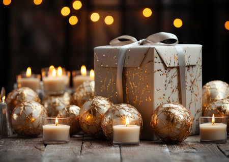 Christmas winter still life with gift box and candlesの素材